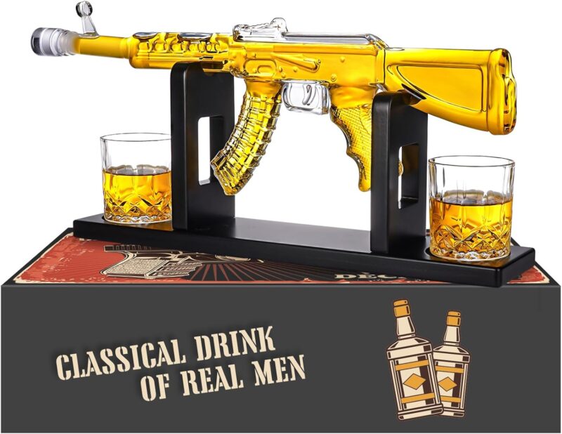 Whiskey Decanter AK47 Set with 2 Whiskey Glasses, Gifts for Fathers Day Men Dad, Unique Anniversary Birthday Gift for Him Husband, Cool Patriotic Military Presents liquor dispenser for Home Bar